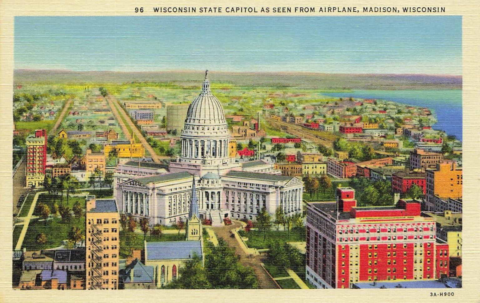 Wisconsin State Capitol Madison WI Aerial View Linen Postcard E. A. Bishop