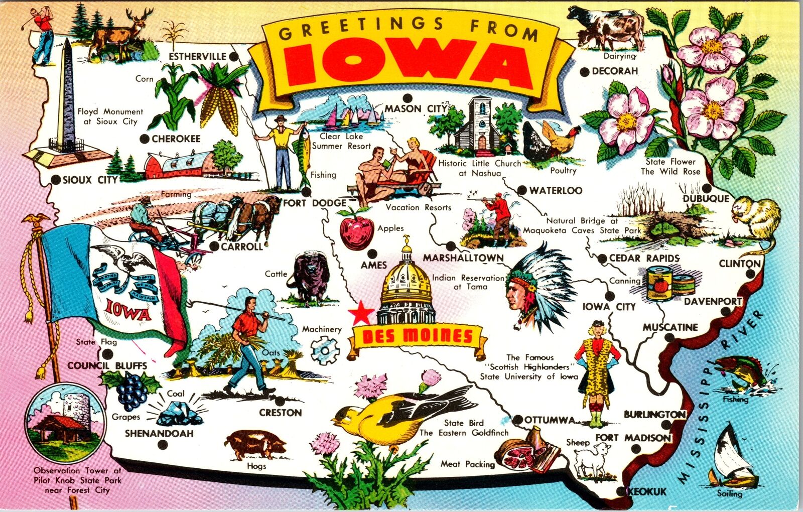 IA-Iowa, Scenic Map Greetings, Landmarks, Vintage Postcard