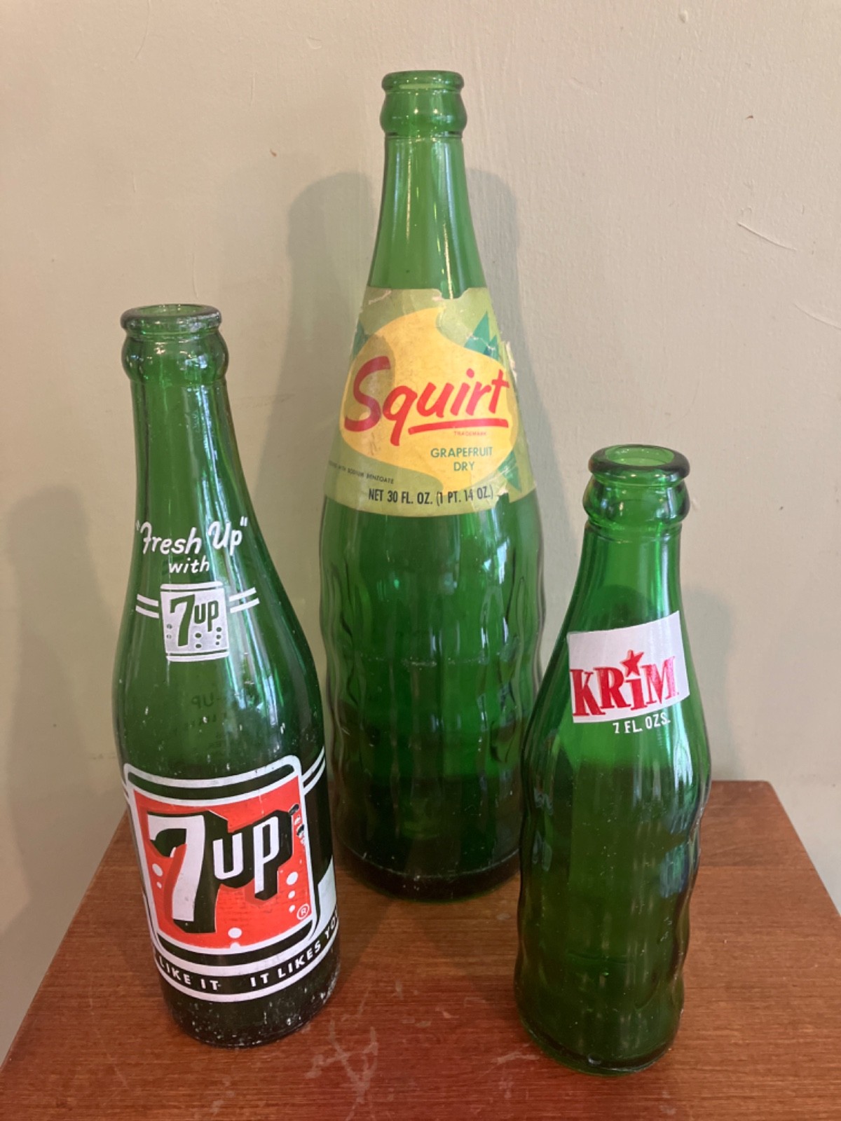 Vintage Soda Bottle Lot (3)  12oz 7up - 7 oz Krim- 30 oz Squirt 