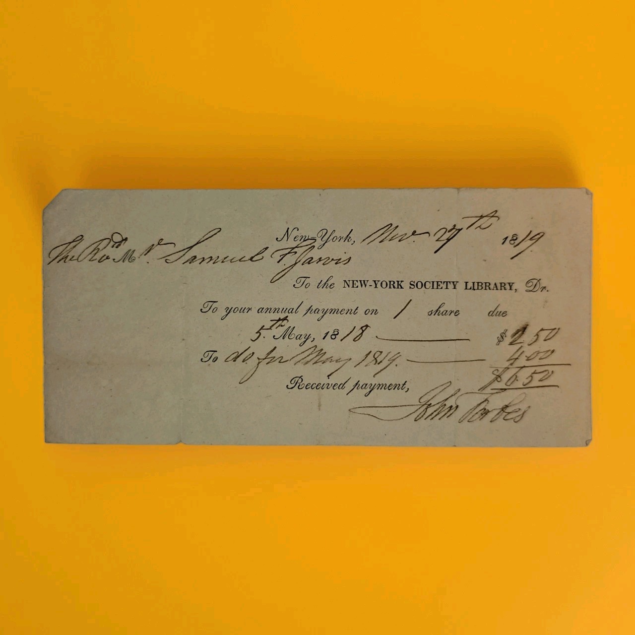 1819 Rev Samuel F Jarvis NY Society Library John Forbes Bishop Jarvis Receipt