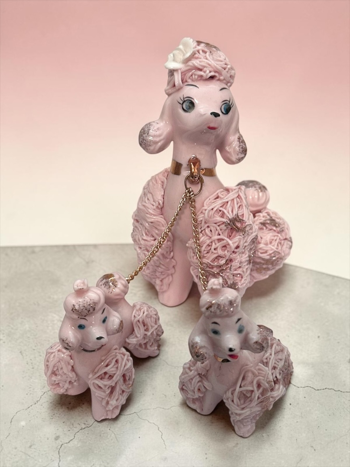 Vintage Pink Spaghetti Poodles Pink w/ Gold Porcelain Mother & Pups on Chain