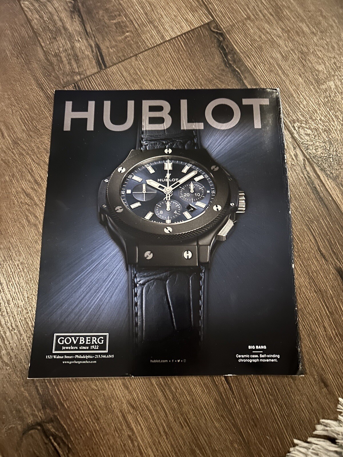HUBLOT Watch Time Piece 9.5 x 12” CHRONOGRAPH BIG Bang HUBLOT Watch Time Piece 9.5 x 12” CHRONOGRAPH BIG Bang