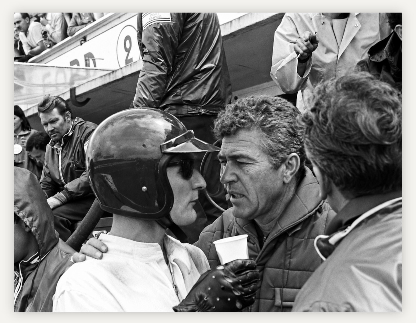 11X8.5 1966 KEN MILES W/ TEAM MANAGER CARROLL SHELBY FORD PHOTO REPROD PRINT