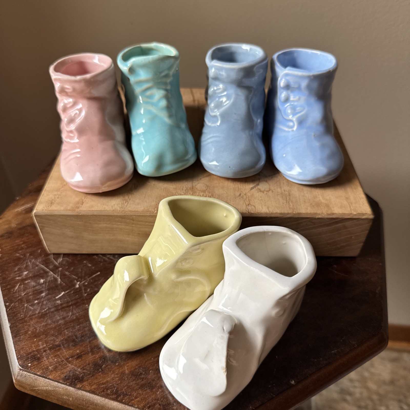 Vintage Lot 6 1950s Pottery Baby Shoe Planters Pink Blue Pastel Shower Decor