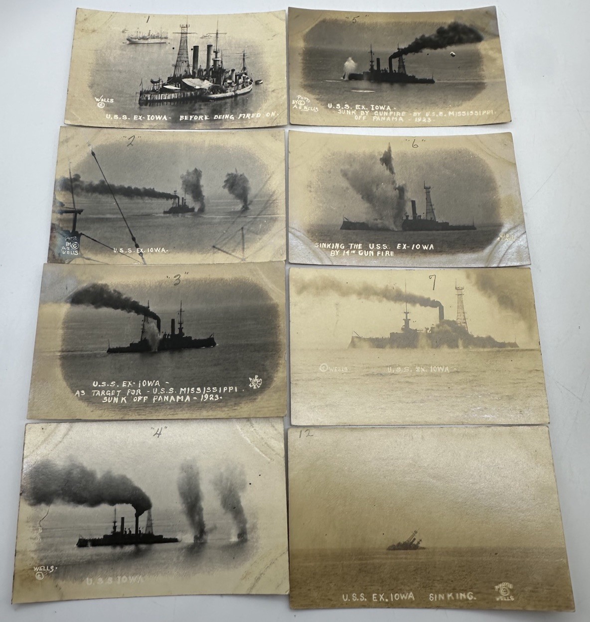 Rare 8 RPPC Lot Sinking USS Ex-Iowa Battleship Target Panama 1923 A.E. Wells