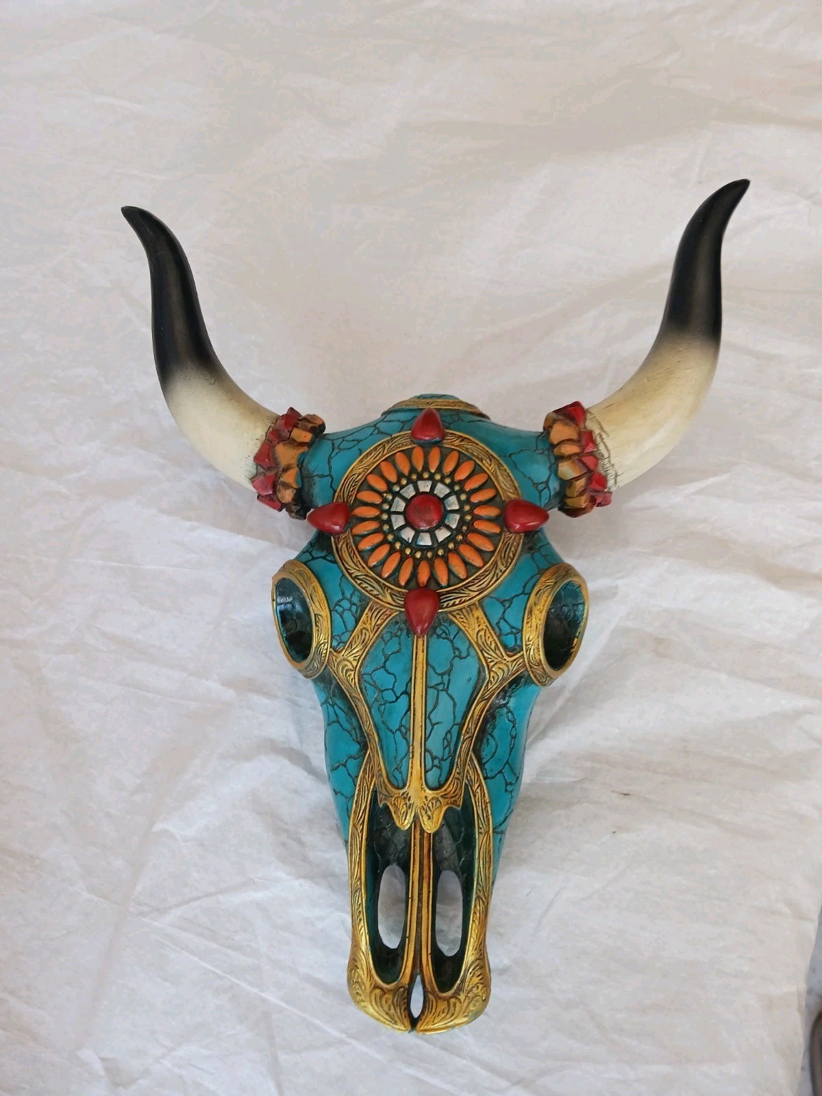 Southwest Steer Bison Cow Aztec Sun Gold And Turquoise Mosaic Skull Wall Decor