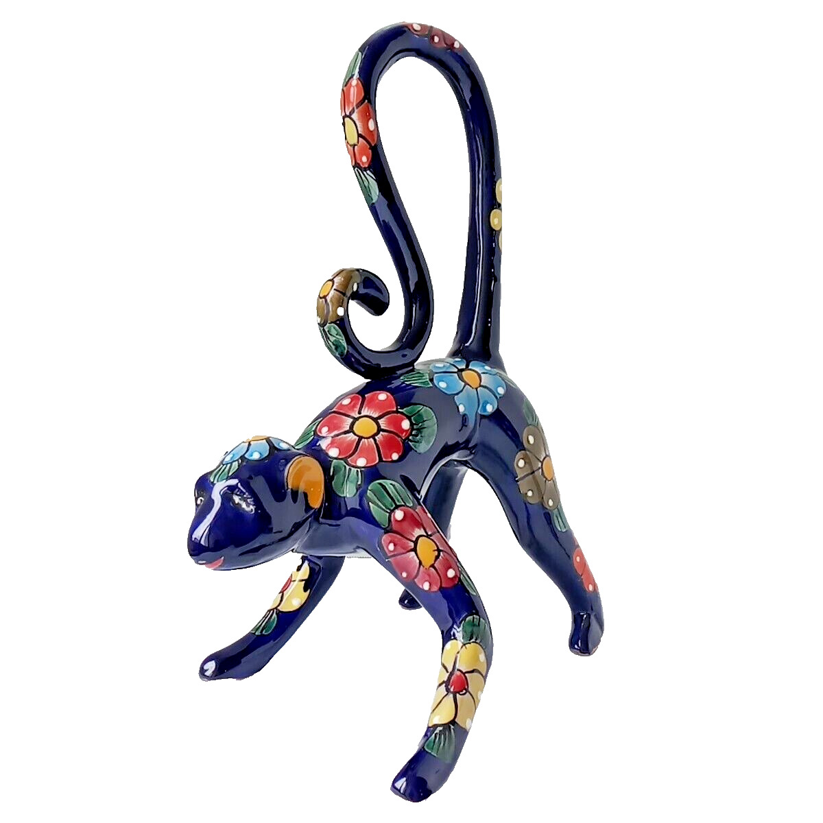 Talavera Pottery Monkey Figure Mexican Ceramic Animal Sculpture Large Blue 14in