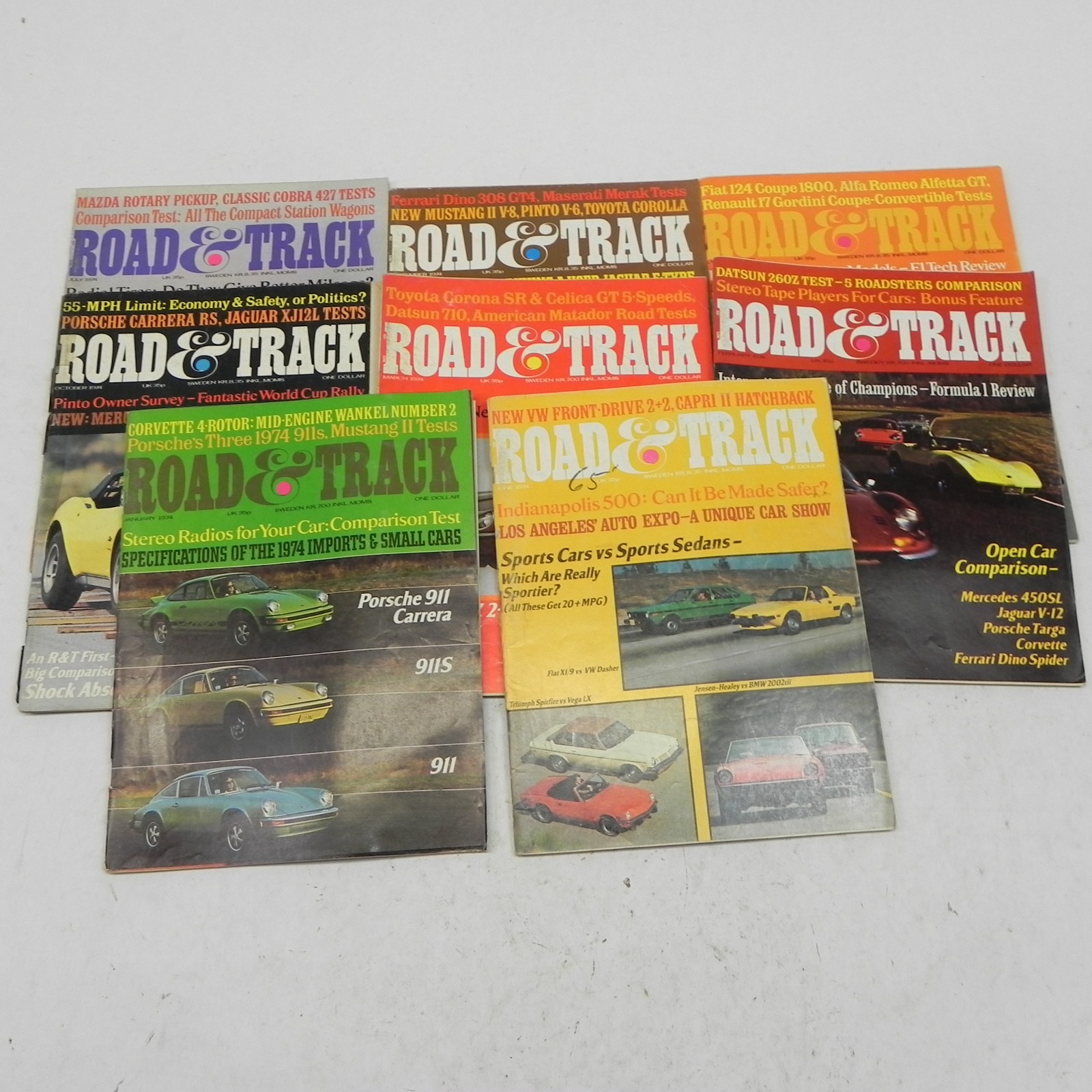 1974 ROAD AND TRACK MAGAZINE LOT OF 8 ISSUES RACING PERFORMANCE CARS REVIEWS