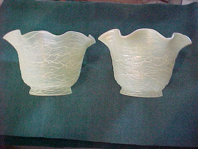 2 Rare LOETZ Austrian Czech Thread Design Iridescent Art Glass Gas Lamp Shades