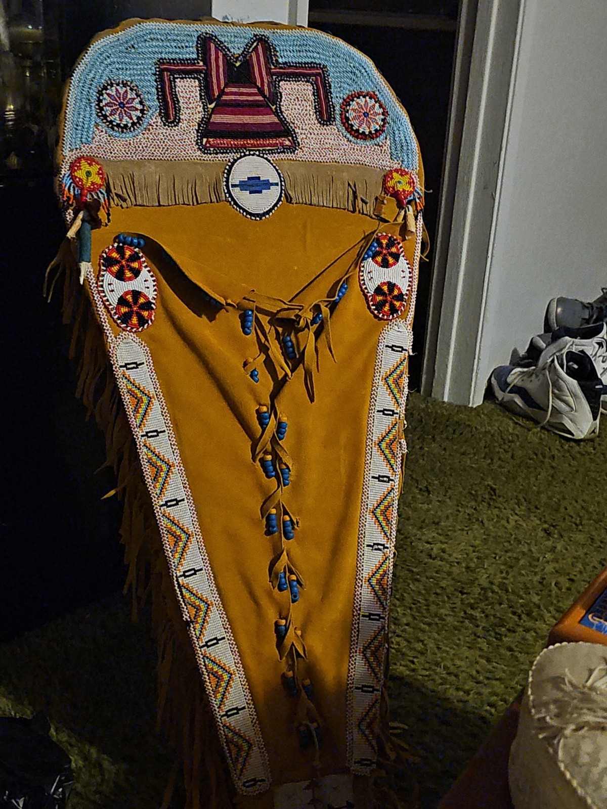 Vintage Washoe Paiute Native American Handmade Buckskin Beaded Cradleboard
