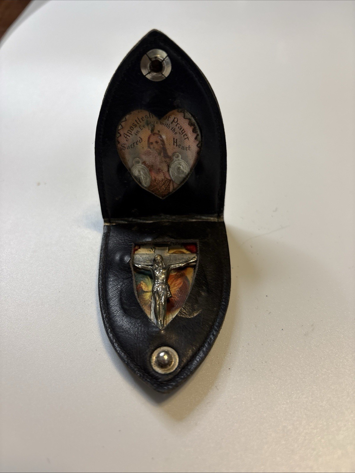 Vintage Apostleship of Prayer Sick Call Set Sacred Heart Crucifix Leather Case