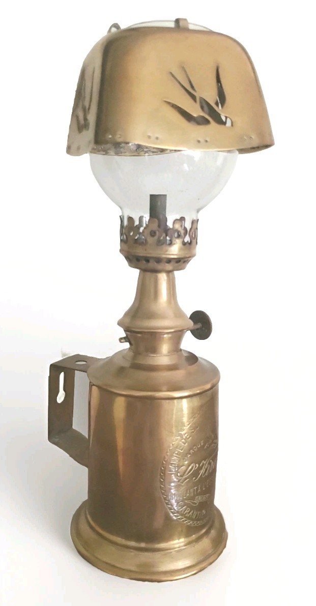 Antique French Oil Brass Lamp L'hirondelle Swallow C 1900 Glass Globe Lampshade