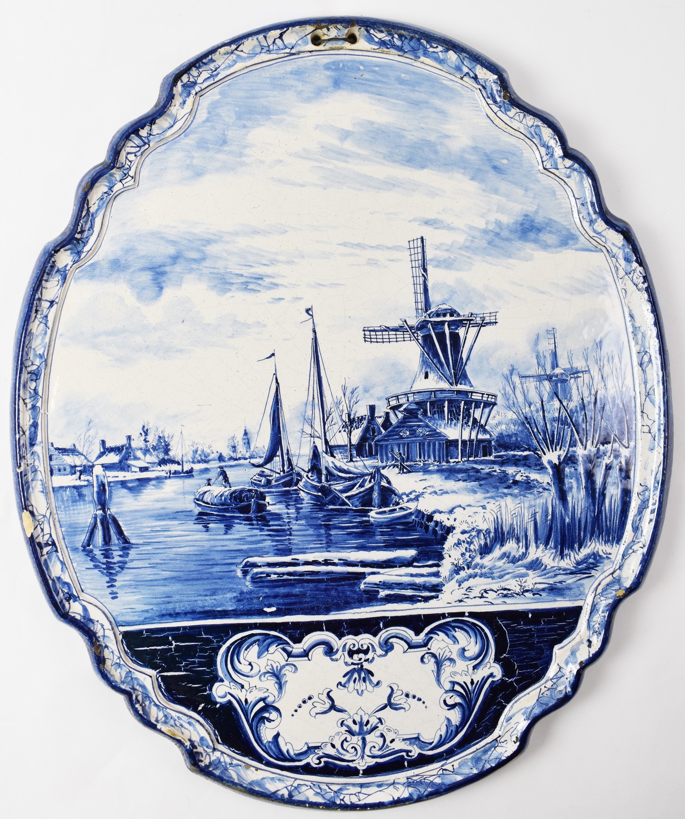 Large Antique Delft Blue & White Porcelain Wall Plaque - 22x19