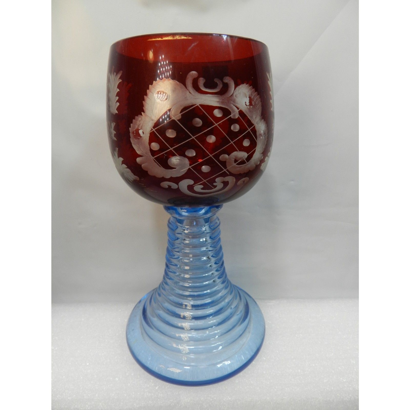 Bohemian Egermann Cut-to-Clear Ruby Red & Blue Glass Trumpet Foot Goblet U10J Bohemian Egermann Cut-to-Clear Ruby Red & Blue Glass Trumpet Foot Goblet U10J