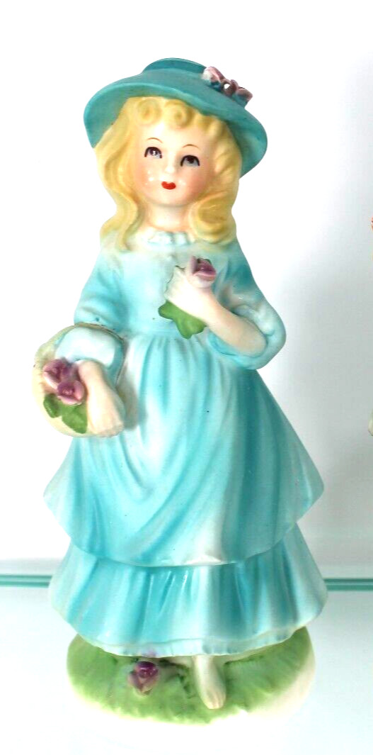 Avon Porcelain Figurine 1973 Jennifer Girl Blue Dress Hat Flowers Basket Japan