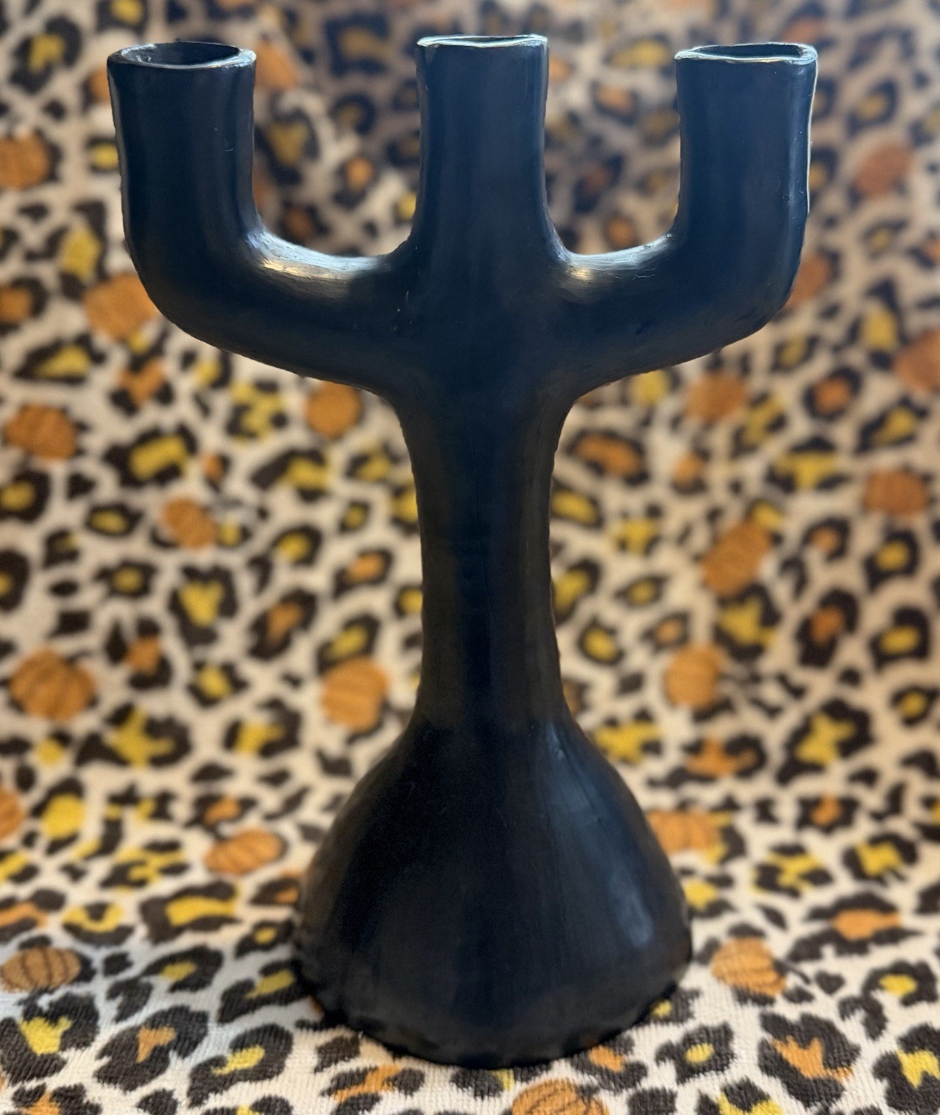 Rare Signed Dona Rosa Three Arm Black Clay Ceramic Candlestick Oaxaca Mexico 10\
