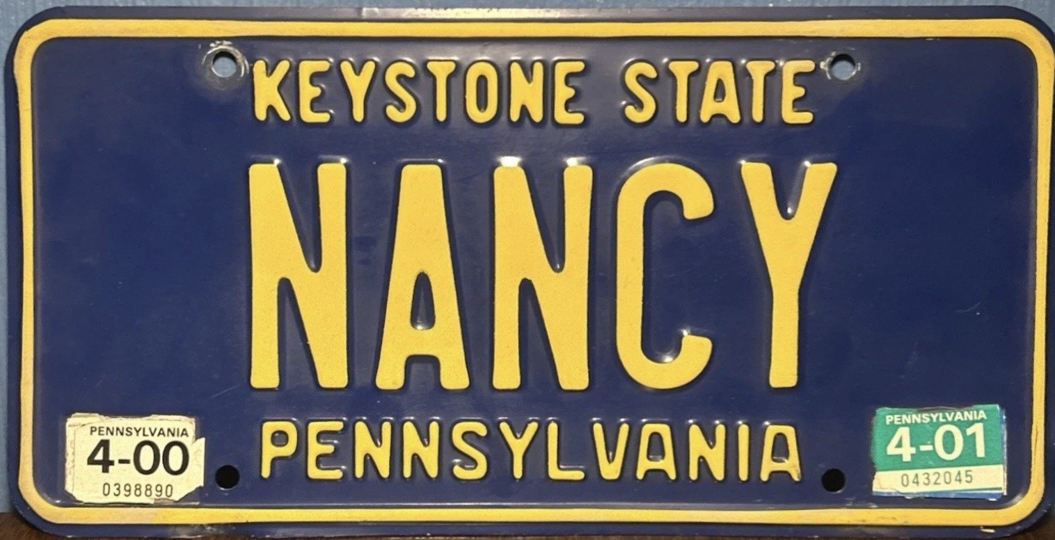 2001 Pennsylvania Vanity NANCY License Plate