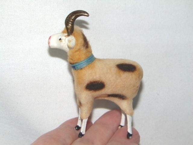 Antique Putz CHRISTMAS RAM SHEEP Spotted Coat, Wooly Stick Leg, Germany, #30