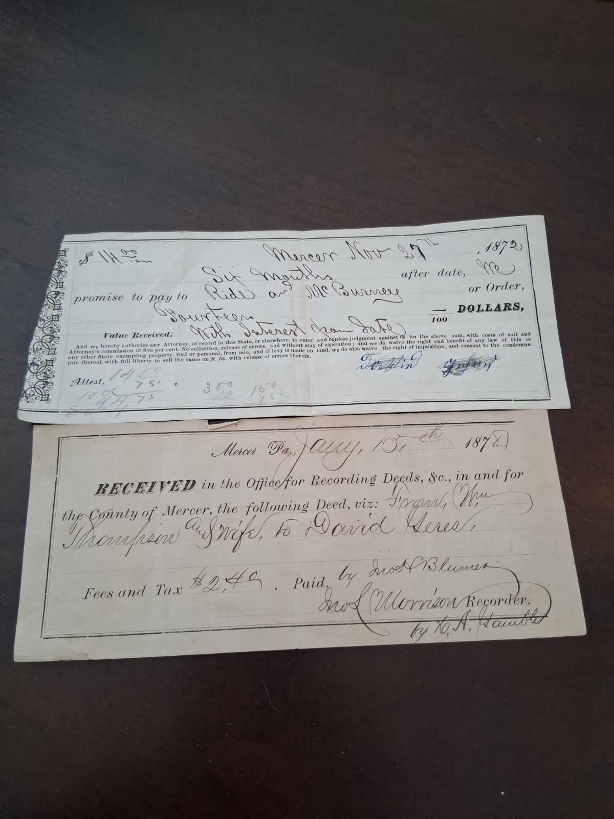 2 RECEIPTS FROM 1872 AND 1878 FROM MERCER PA.