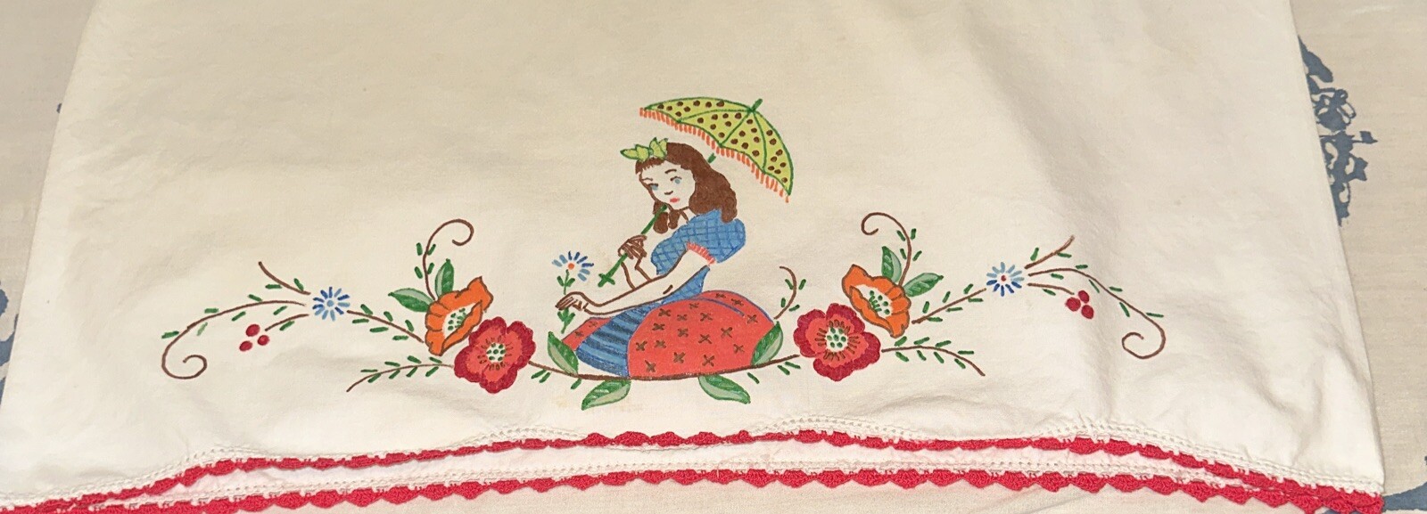 Vtge Pillow Case Artex Painted Crochet edge 1960s Girl umbrella flowers 29