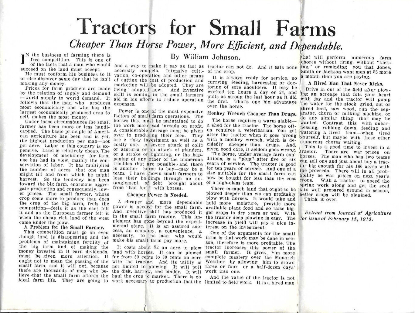 1915 ARTICLE~TRACTORS FOR SMALL FARMS, CHEAPER THAN HORSE POWER MORE EFFICIENT