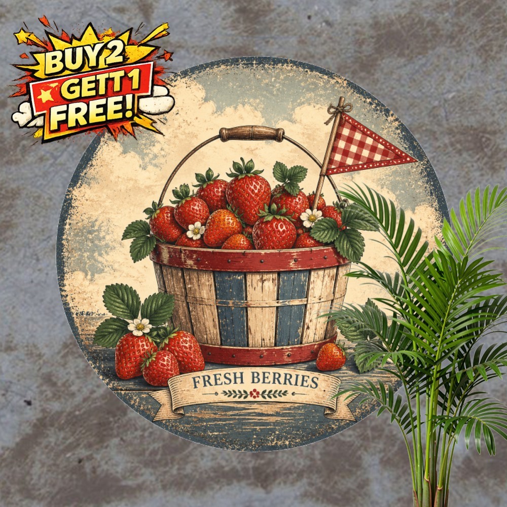 Fresh Strawberry Basket Market Tin Sign Round Country Fruit Kitchen Plaque 8x8