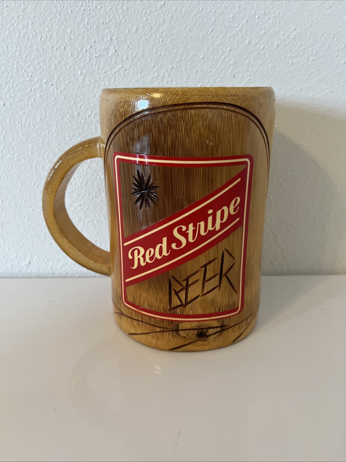 Red Stripe Wooden Jamaica Mi Crazy Beer Mug