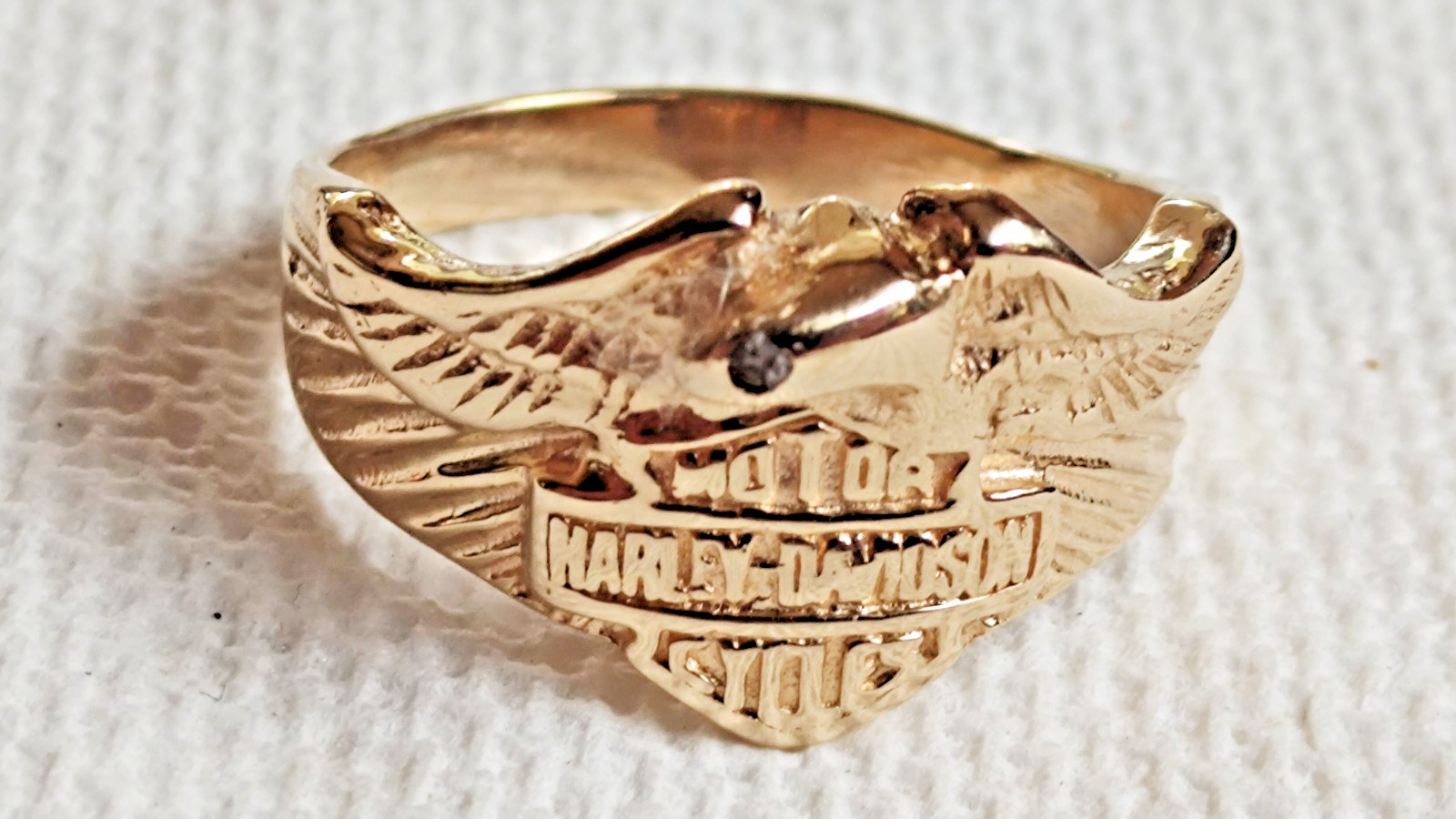 FINE JEWELRY 14K GOLD HARLEY DAVIDSON FLYING BAR & SHIELD EAGLE DIAMOND EYE RING