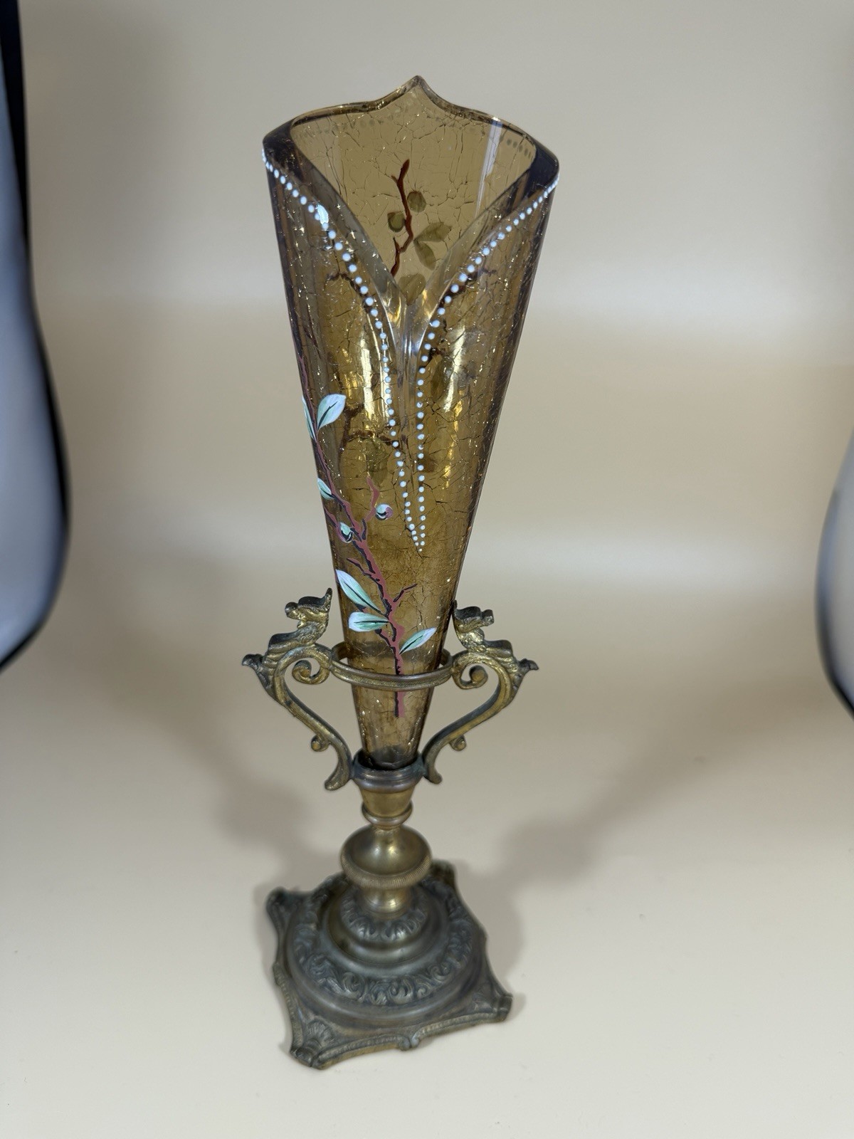 Vintage Amber Crackle Vase with Enamel Florals in Bronze Holder