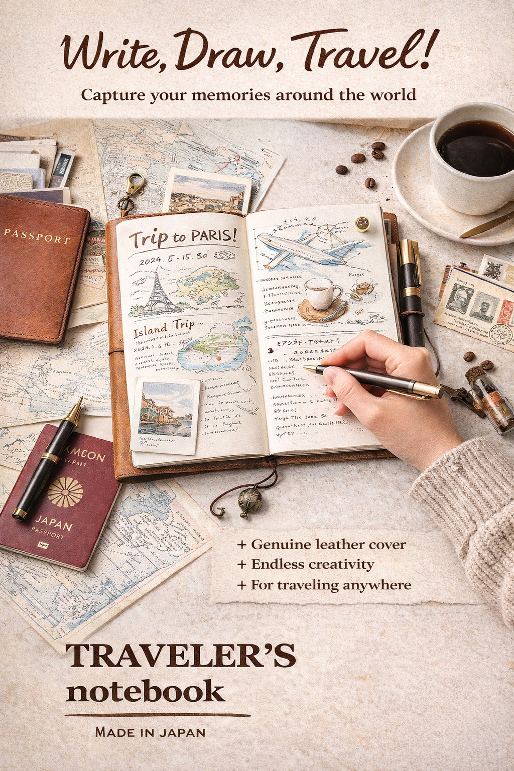 Traveler’s Notebook Regular Size Camel Leather Journal Made in Japan New