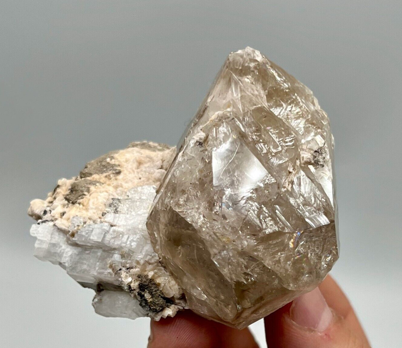 220 g Smoky Skeletal Herkimer Diamond in Calcite Matrix, Rainbows, 100% Natural