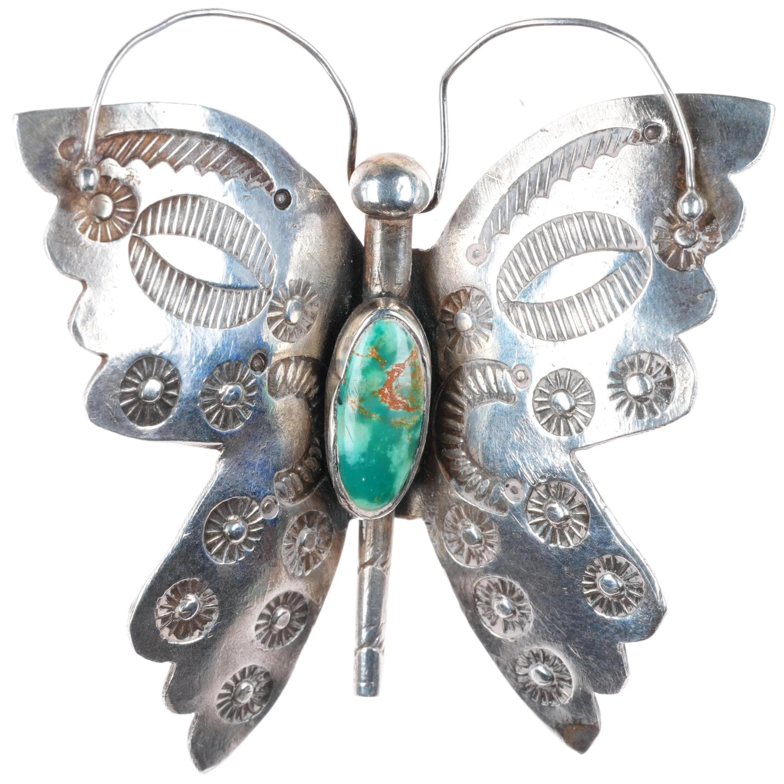 c1940\'s Navajo sterling silver stamped butterfly pin/brooch with nice turquoise c1940\'s Navajo sterling silver stamped butterfly pin/brooch with nice turquoise
