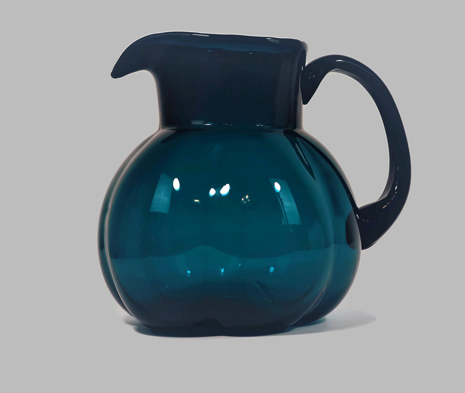 Vintage Hand-Blown Cyan (Greenish Blue) Glass Pitcher with Handle