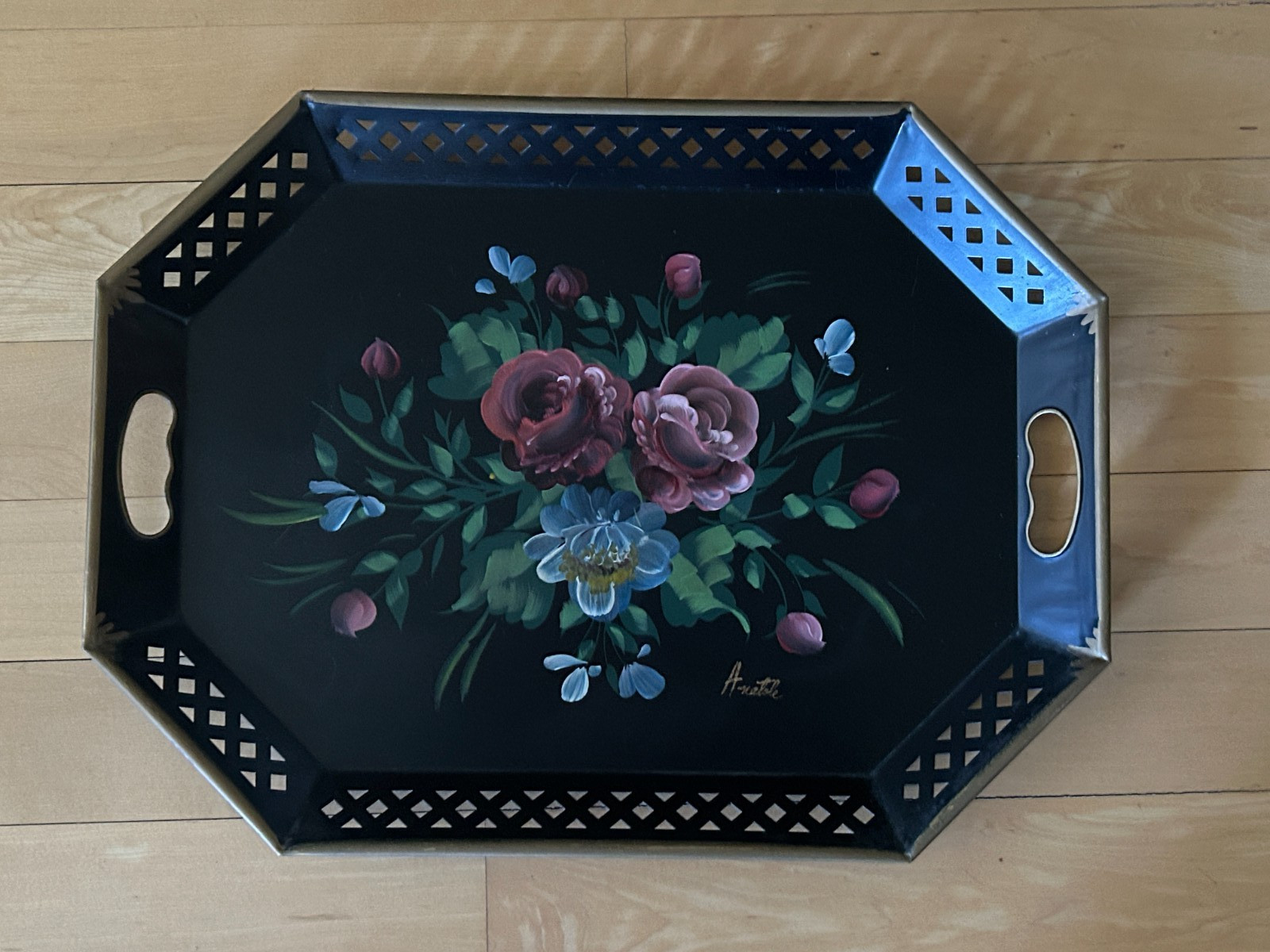 Vintage Signed Hand Painted Toleware Tray 20 x 15 Reticulated Roses NY Cottage