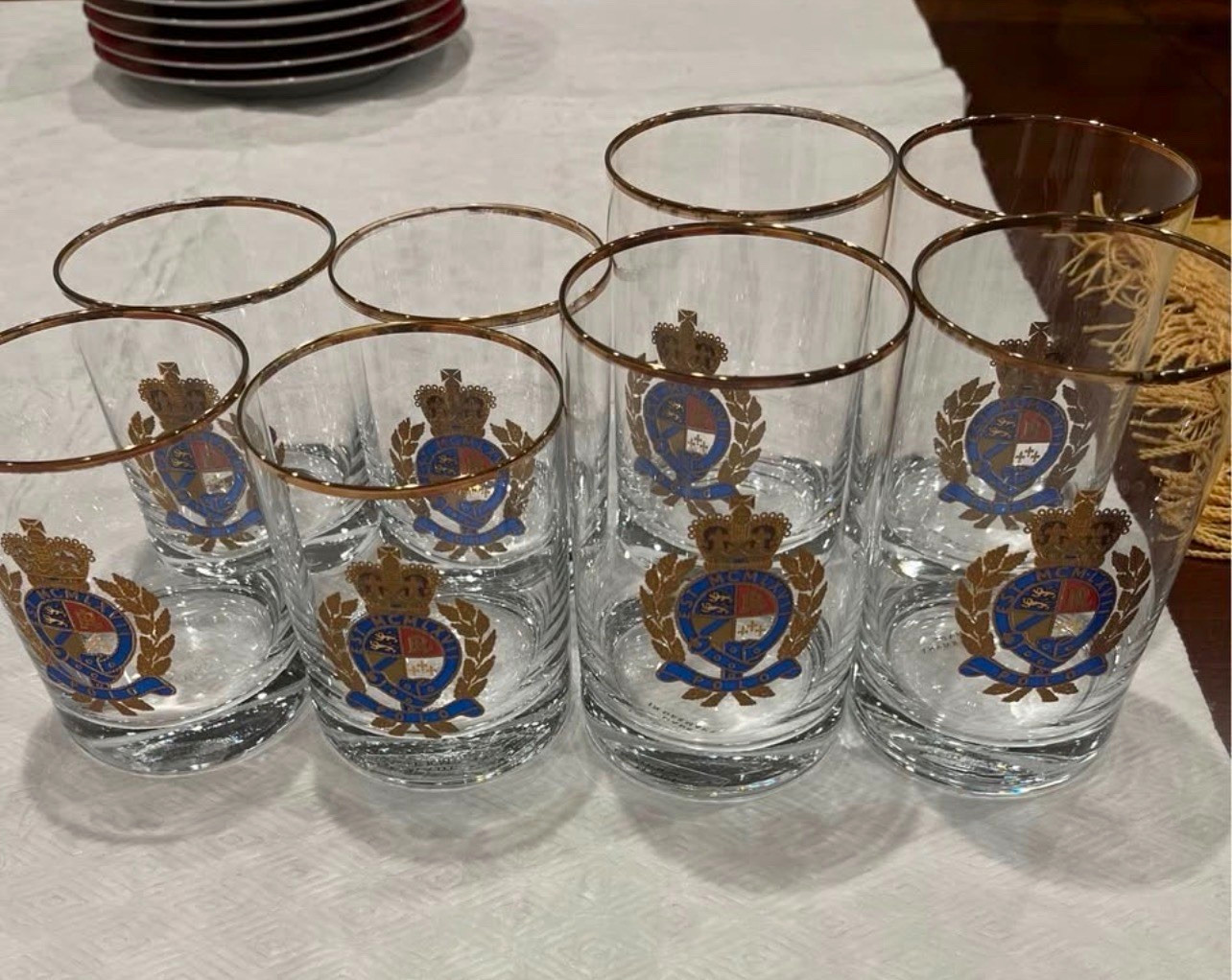 Set of 8 Ralph Lauren Beer Glasses w/ Gold Rim & Crest Emblem, Made in Germany