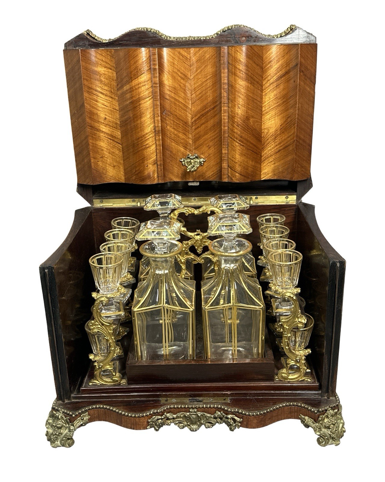 Vintage FRENCH NAPOLEON III Style TANTALUS CHEST SET w/ CRYSTAL LIQUOR DECANTERS