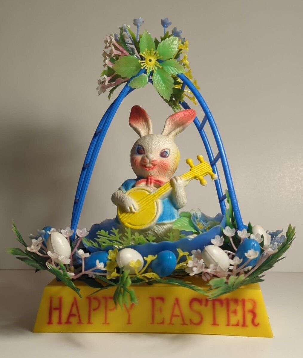 Vintage Happy Easter Bunny Rabbit with Banjo Trellis Eggs Plastic Decor Retro