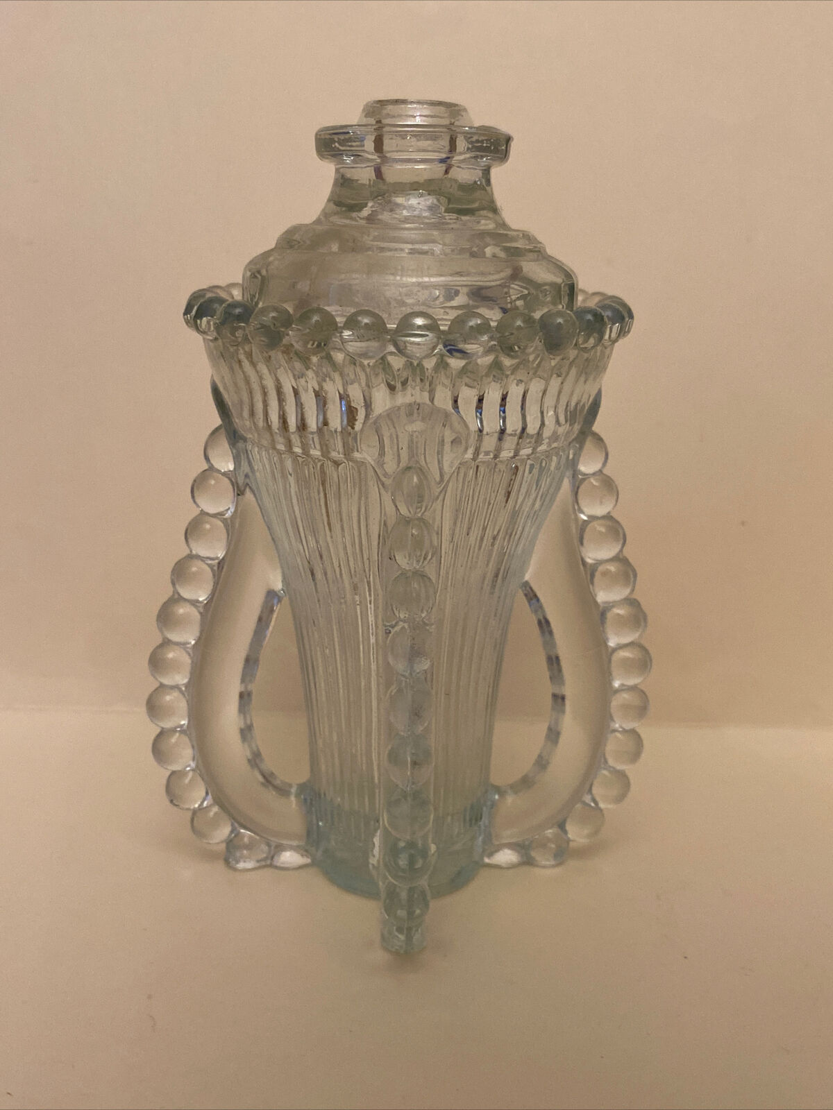 Antique EAPG Clear Pressed Glass Inkwell/Perfume Bottle Handblown~Beaded~Fluted