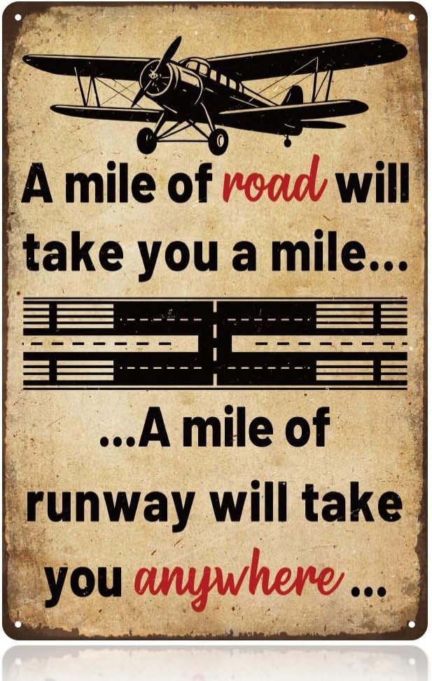 Airplane Vintage Metal Tin Sign, 12X8 Inch Funny a Mile of Runway
