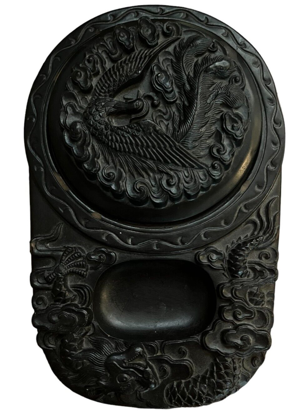 Antique Chinese Ink Well Hand Carved Dragon Ink-stone Phoenix Lid Brush Holder
