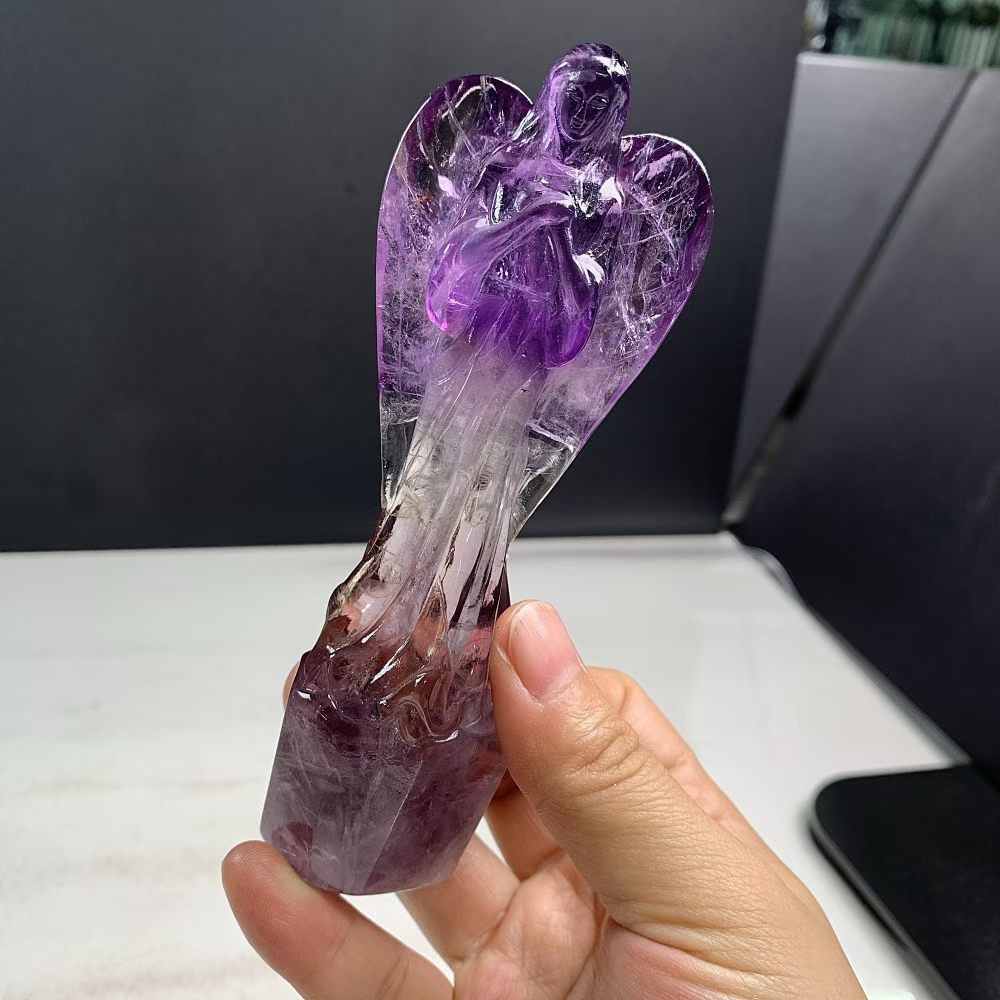 190gNatural Amethyst quartz hand-carved Angel skull Crystal reiki healing