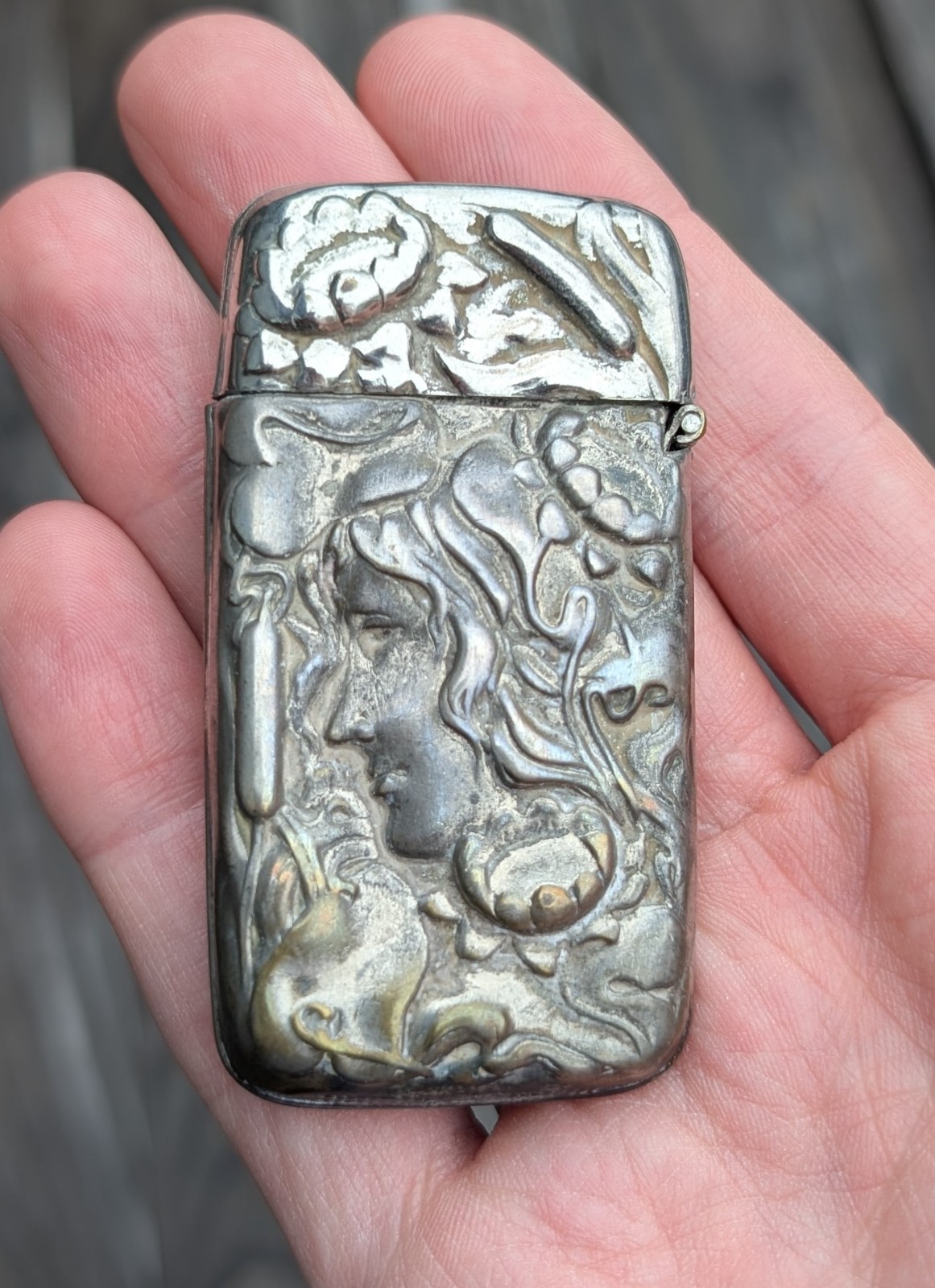 Beautiful Antique Art Nouveau Match Safe. Woman's Face Among Lilies. Estate Find