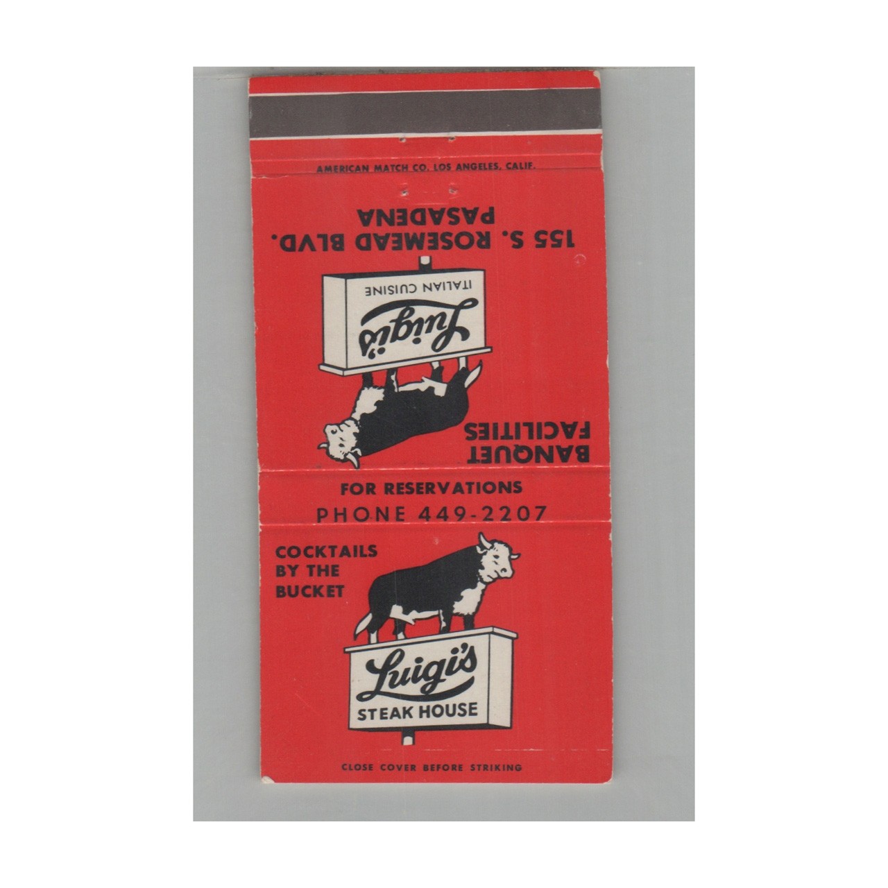 Matchbook Cover Luigis Steak House Restaurant Pasadena CA