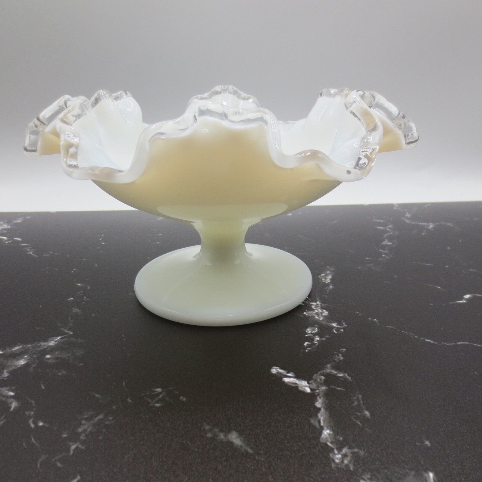 Pedestal Clear and Milk Glass Crimped and Ruffled Edges Fenton Crest Bowl