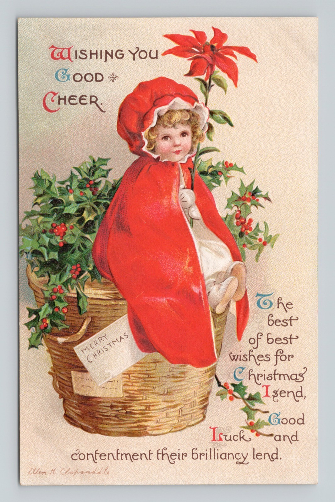 Vintage 1910s Ellen Clapsaddle Christmas Girl Holly Embossed Germany Postcard