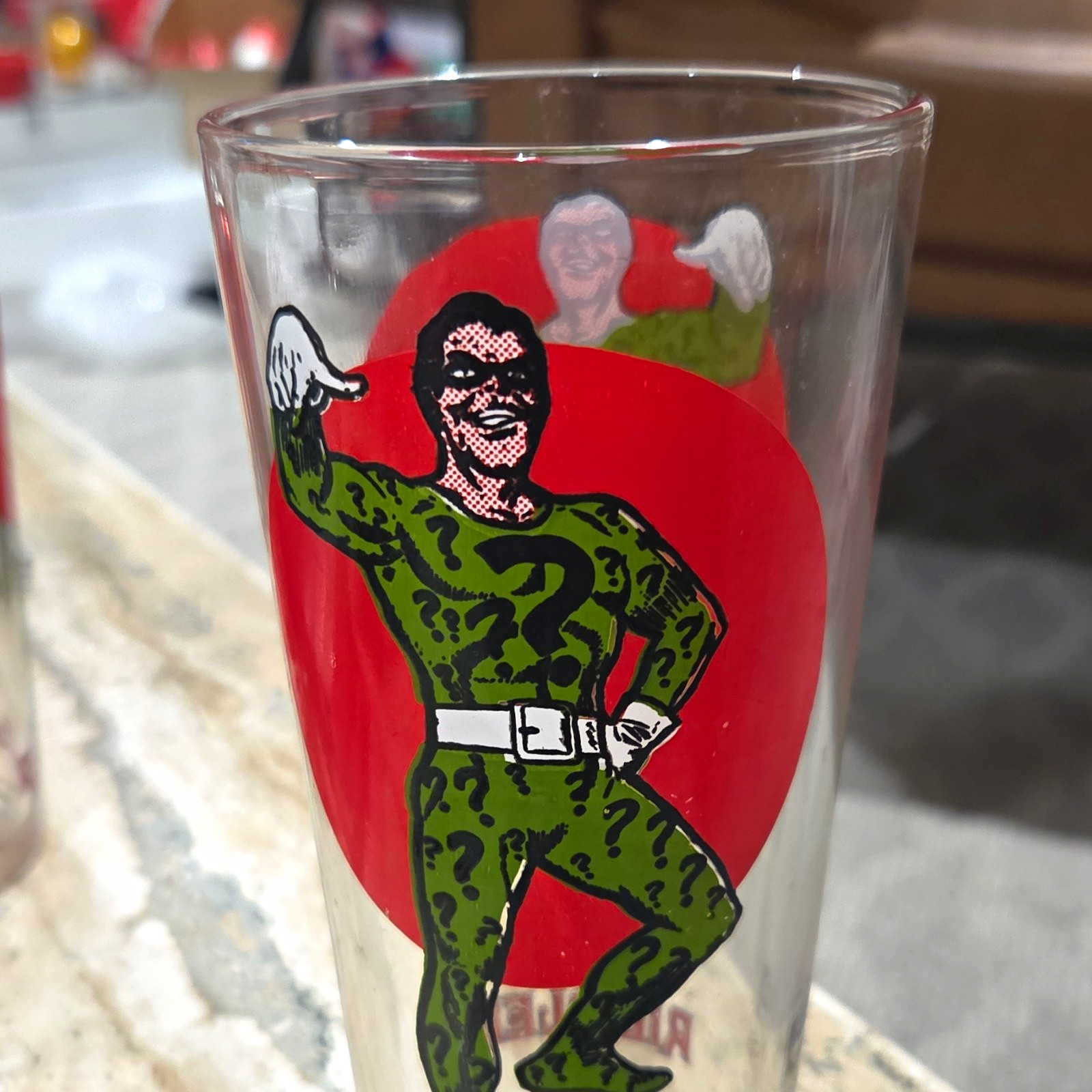 vintage 1976 Pepsi DC Comics Super Series collector glass featuring the Riddler. vintage 1976 Pepsi DC Comics Super Series collector glass featuring the Riddler.