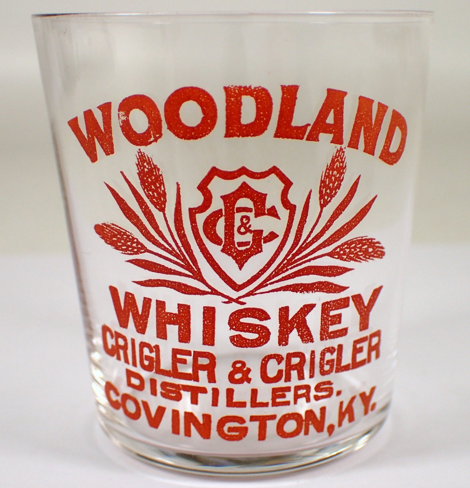 Antique Shot Glass Pre-Prohibition WOODLAND Whiskey Crigler & Crigler Distillers
