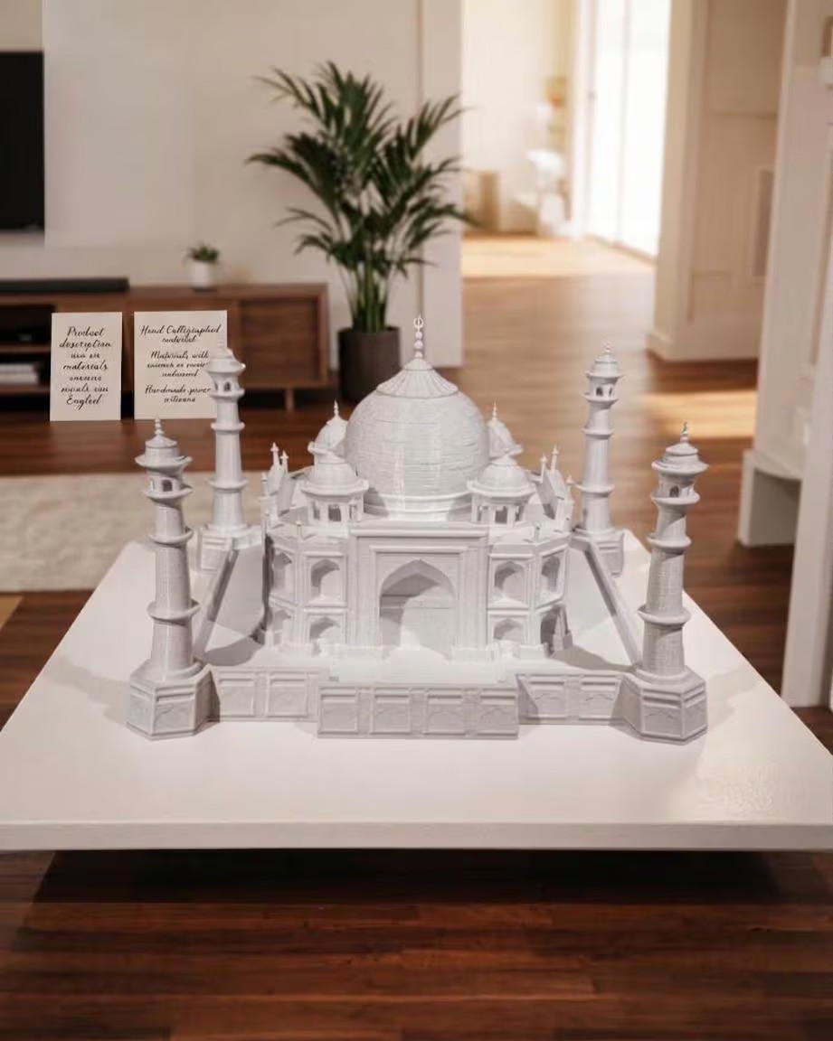 Hand-Finished Taj Mahal Model, White Marble Texture Landmark Sculpture, Home De