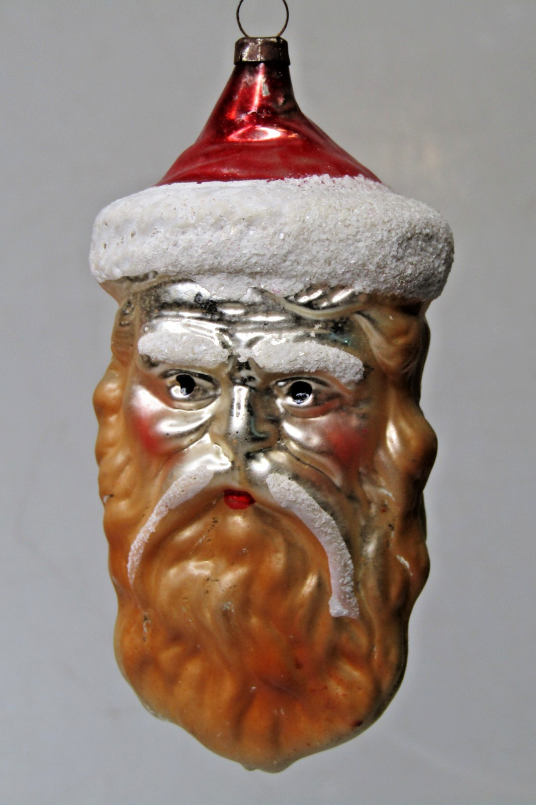 Vintage Glass Embossed Orange BEARD SANTA HEAD Mica Christmas Ornament Germany