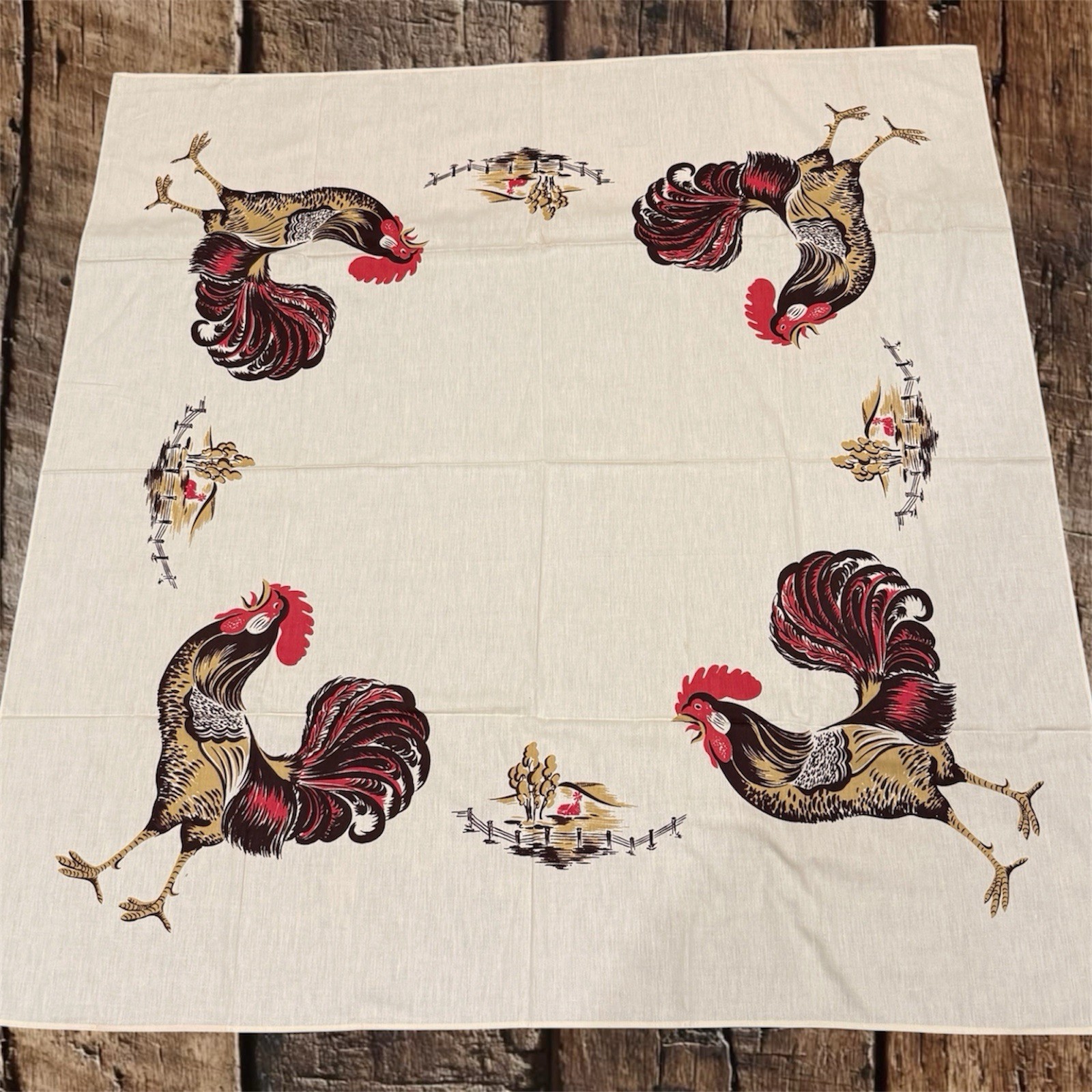 VTG 1950s California Hand Prints Rooster Tablecloth 51x51 Mint Mid Century MCM